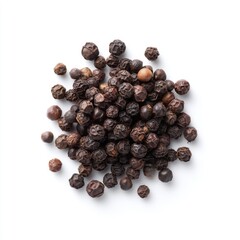 Obraz premium Dried Whole Black Peppercorns on White Background for Culinary and Ingredient Use in Cooking and Flavoring Dishes