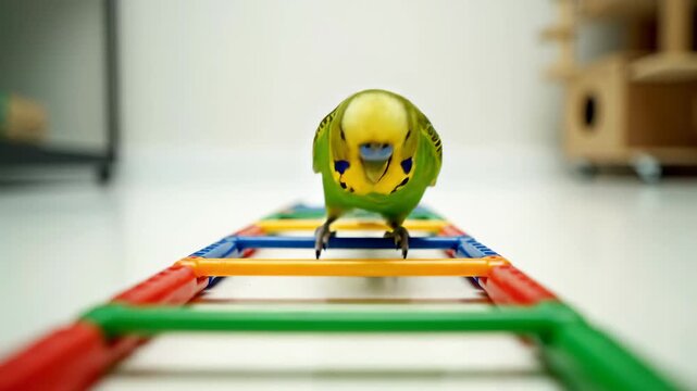 A cute green parakeet bird playing on a colorful ladder toy.