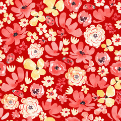 Naklejka premium Seamless pattern with abstract watercolor flowers. Hand painted Vibrant and whimsical summer floral design. Cute kid flora. Bright colorful seamless tile for textile, fabric, packaging