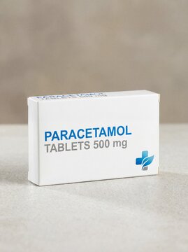 Medicine box of Paracetamol.White box with some small graphic design, neutral background. bright, professional photo