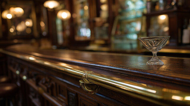 railings. A vintage wooden bar counter with polished brass railings and a single empty cocktail glass. bar promotions, beverage menus, designed for product packaging and bar promotions.