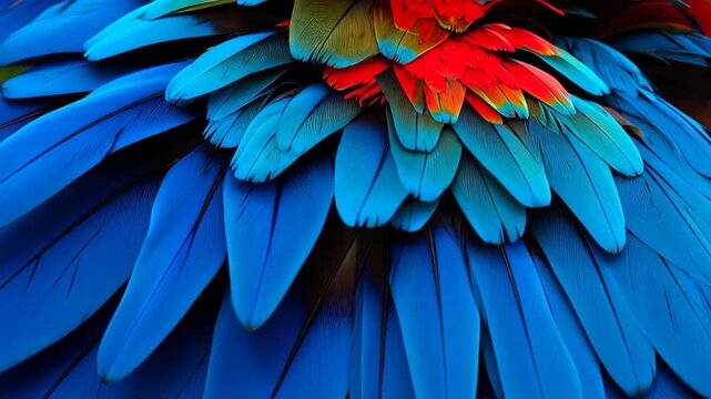 Close up macro view of vibrant blue and red parrot feathers layered and textured