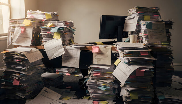 Overwhelmed Workplace with Piles of Documents, a MonitoR, and Office Supplies, Illustrating Disorganized Work Environment and Unfinished Tasks