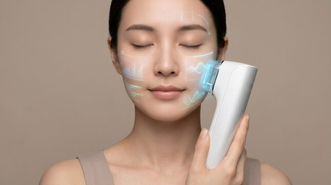 Young woman using innovative facial device with augmented reality display showing skin data. Smart skincare technology analysis concept.