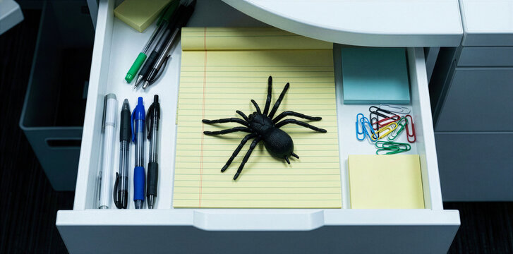 Realistic fake spider prank in office desk drawer, April Fools Day joke with plastic arachnid on yellow legal pad, overhead view of workspace stationery and harmless office scare.