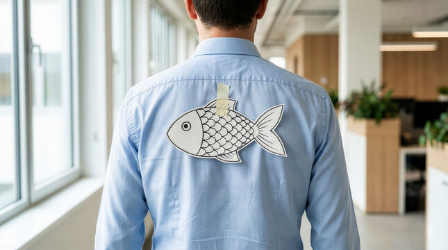 April Fools' Day, Poisson d'Avril paper fish prank on office worker. Man from behind with fish taped to shirt in modern workplace corridor, practical joke concept.
