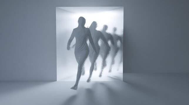 The dominant figure is a transparent woman in a business suit, displayed in mid-stride as if striding forward, creating a sensation of movement, metamorphosis, and "emerging" from a gateway or space.