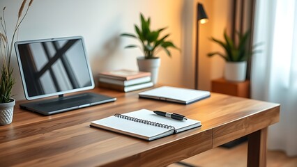 Fototapeta premium A stylish wooden desk with a notebook and pen, bathed in soft natural light for a cozy home office atmosphere.