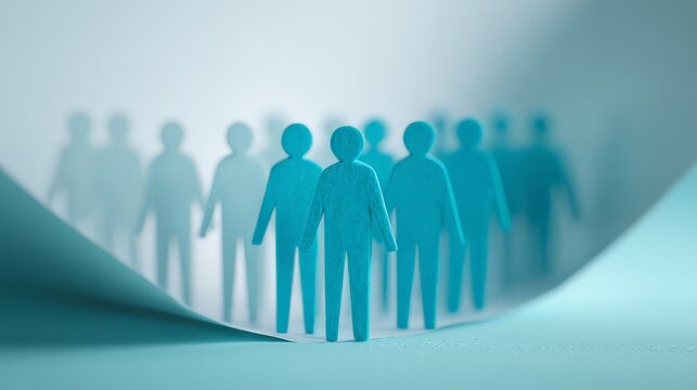 A series of flat, human-shaped silhouettes represent a collective group or community.