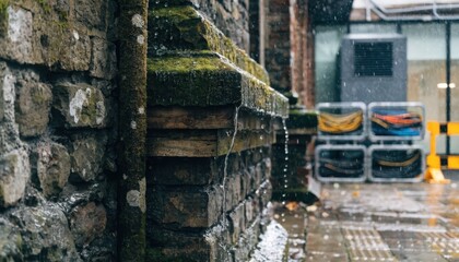 Medium shot of an old masonry wall with focus on weathered textures highlighting the contrast with blurred new conduit racks in the background during a building entrance upgrade.