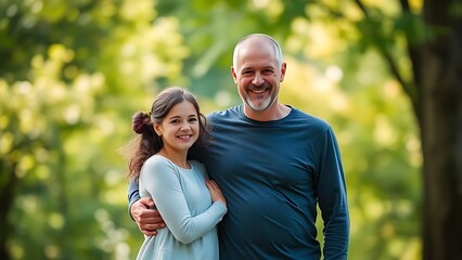 Fototapeta premium Father and daughter sharing a moment outdoors, bathed in soft sunlight with a green backdrop.