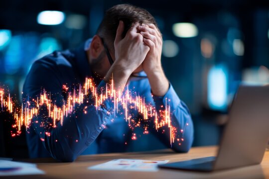 Stressful Investment Visualization with Holographic Trading Graph and Frustrated Businessman