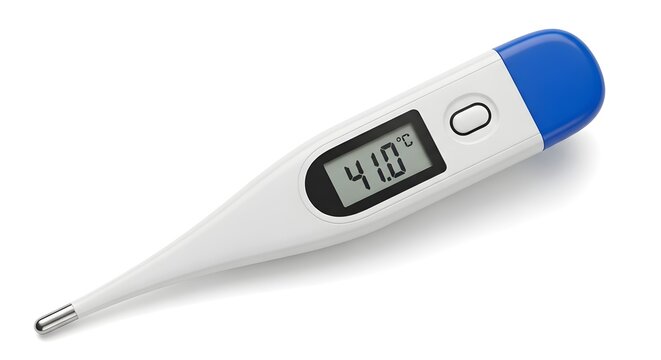 Digital medical thermometer displaying a high temperature reading of forty one point zero degrees celsius against a clean white background
