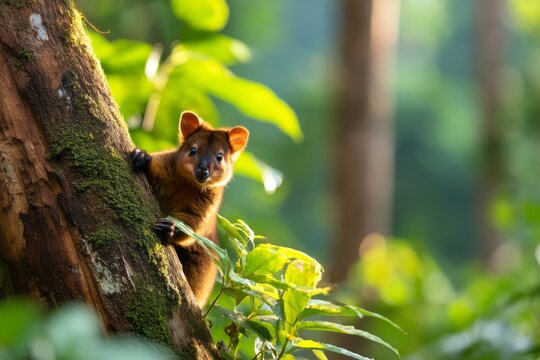 Lumholtz tree kangaroo climbing textured rainforest trunk surrounded by vibrant greenery