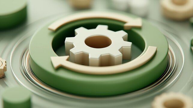 Gear sits centered within rotating green circular arrow, symbolizing continuous process improvement, automated system refresh cycles. Sustainable technology operations, and agile DevOps workflow 