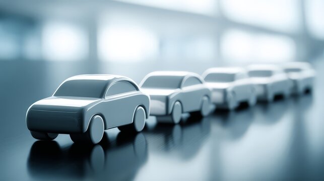 A series of identical, minimalist cars that symbolize order, consistency, and a forward-thinking mentality.