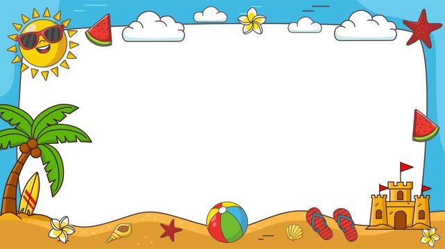 Blank white ccopy space vector summer frame with beach illustrations for custom content.