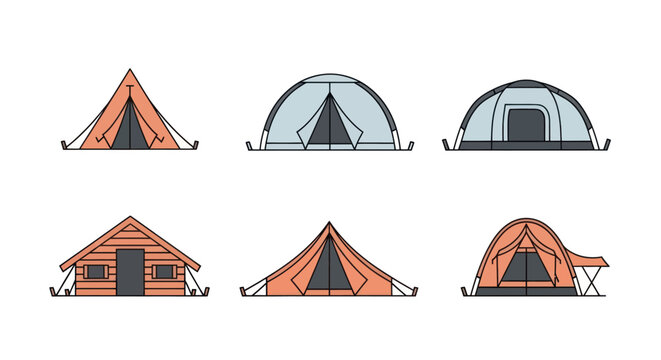 Illustrated set of various camping tents and a wooden log cabin for outdoor recreation.
