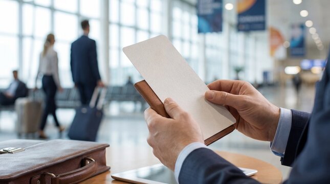 A man with a passport and a blank boarding pass at the airport. Air travel concept for booking vacations and business trips.