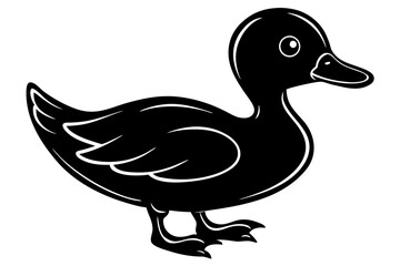 Obraz premium Black silhouette of duck with detailed outlined features and cute expression on white background