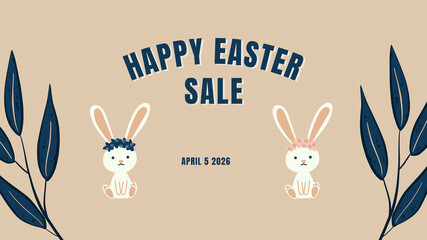 Fototapeta premium Happy Easter Sale Banner with Cute Bunnies and Floral Design