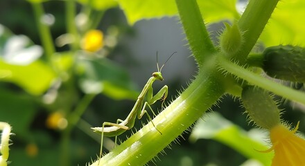 Praying Mantis on a Cucumber Plant - A Natural Predator.