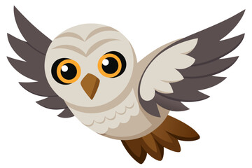 Fototapeta premium Colorful cartoon owl with bright eyes and outstretched wings in flight against a white background