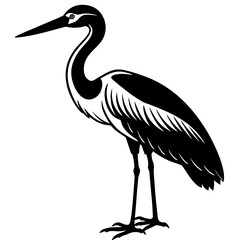 Fototapeta premium Monochrome silhouette of heron standing gracefully with long beak and elegant feather details in stylish black and white illustration