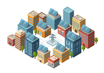 Modern cityscape with solar panels powering buildings and a smart grid infrastructure promoting renewable energy for sustainable urban development