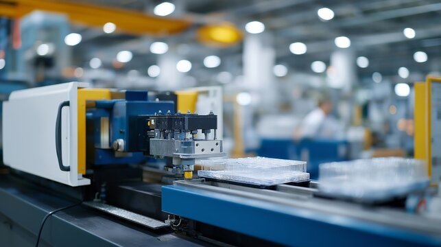 Industrial injection molding machine producing thousands of identical plastic components in a modern factory, ideal for plastic manufacturing, automated production, injection molding process, mass