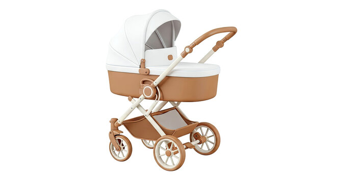 White and brown bassinet stroller with storage basket