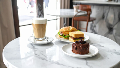 Gourmet Cafe Breakfast Coffee, Cake, and Sandwiches