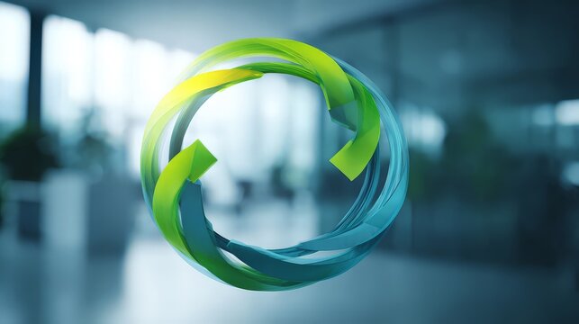 A dynamic, 3D circular knot composed of interlocking ribbons used for initiatives involving sustainability, waste reduction, and renewable energy cycles.