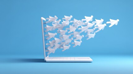 A swarm of white, human-shaped figures flies out of a laptop screen, indicating worldwide connectivity, information flow, or 