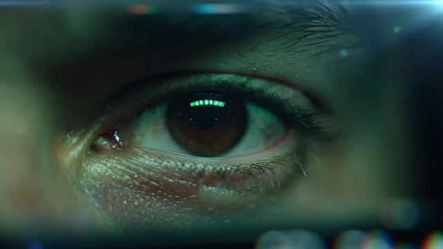 Close-up of a brown eye reflecting green light with a sense of wonder and curiosity in a futuristic science fiction setting