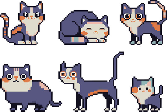 Pixel Art Cat Character Set Retro 8 Bit Kitty Collection Sitting Sleeping Standing Isolated
