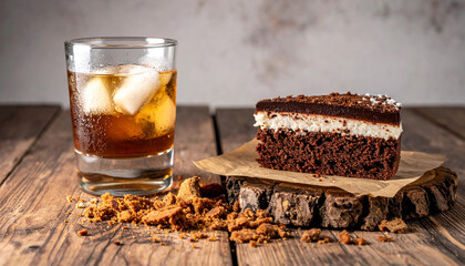Decadent Chocolate Cake Slice with Whiskey on Wood
