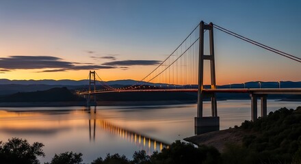 Obraz premium Spectacular Suspension Bridge at Sunset - A Serene Landscape.