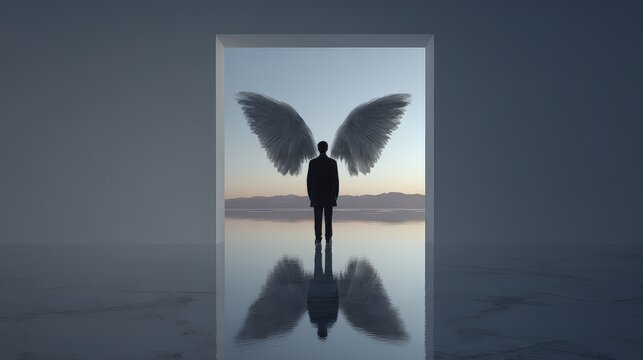 The silhouette of a guy in a suit with spread wings standing in front of an open door represents personal development, conquering barriers, or discovering inner peace and liberation.