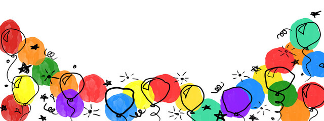 Obraz premium birthday banner. frame hand drawn cartoon watercolor balloons symbols of birthday party. design holiday greeting card and invitation of birthday and holidays background