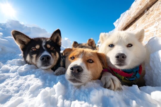 Resting Arctic Dogs Against Wind in Carved Snowdrifts Under Clear Blue Sky