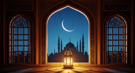 Obraz premium Moonlit mosque view through arched window