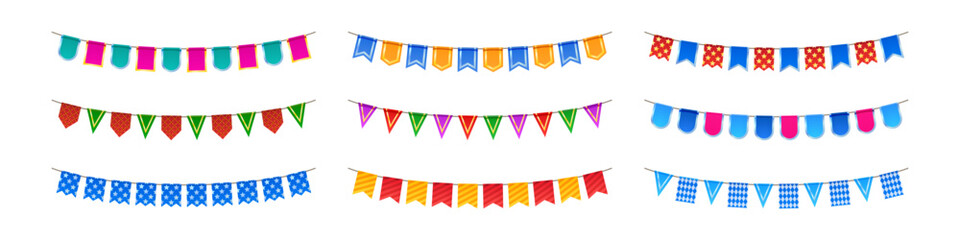Obraz premium Bunting flag garland with colorful pennants for birthday party celebration. Festive banner with triangle and rectangle shapes on string for carnival and fair events. Anniversary or Christmas elements