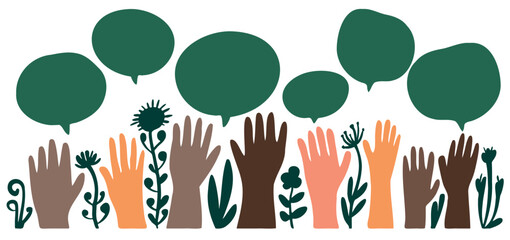 Obraz premium Speech of hand and people group. Bubble for diverse talk on background. Exchange arm voice chat for multicultural idea. Discussion balloon, social holding vector illustration
