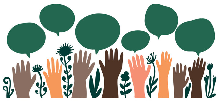 Speech of hand and people group. Bubble for diverse talk on background. Exchange arm voice chat for multicultural idea. Discussion balloon, social holding vector illustration