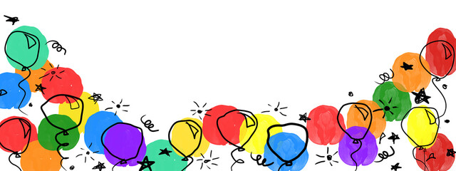 frame with balloons and confetti, birthday banner. frame hand drawn cartoon watercolor balloons symbols of birthday party. design holiday greeting card and invitation of birthday and holidays © dieno production