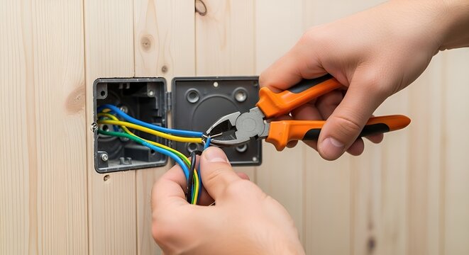 Electrician fixing wires in wall socket with pliers on wooden wall
