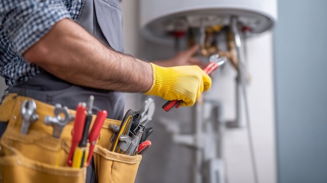 Technician repairing a furnace/water heater with tool belt and wrench, symbolizing furnace repair service and home heating maintenance.