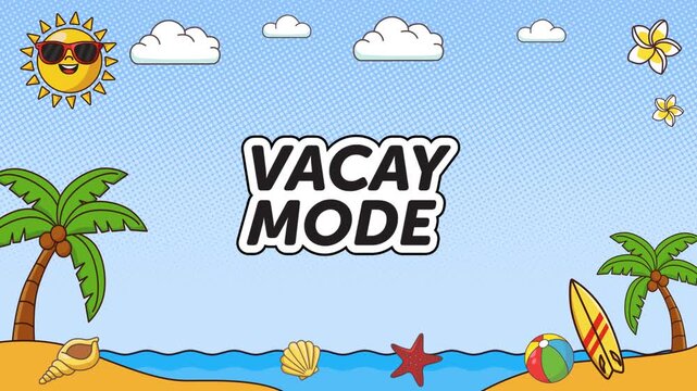 Vibrant vector tropical border with beach elements and Vacay Mode typography.