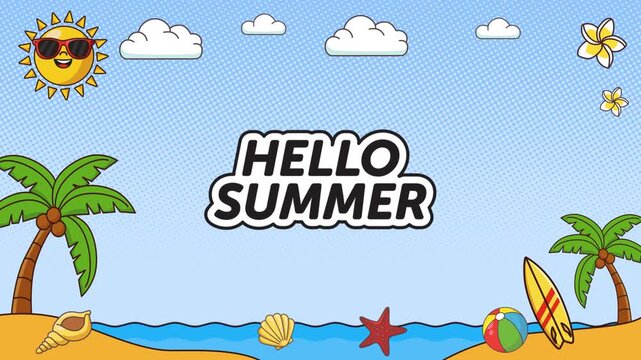 vector beach frame with sandcastle and palm tree featuring Hello Summer text.